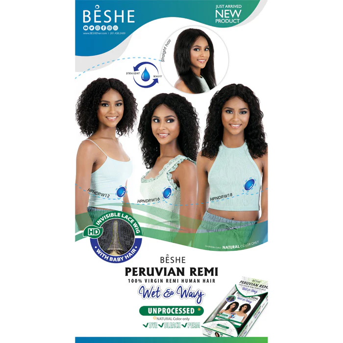 Beshe Peruvian Remi 100% Virgin Remy Human Hair Wet & Wavy HD Lace Wig - HPNDP.W 18" - Image 3