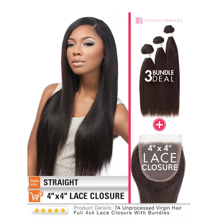 Sensationnel Bare & Natural 100% Unprocessed Virgin Human Hair Weave + 4x4 Swiss Lace Closure Bundle Deal STRAIGHT 10-22" - Image 3