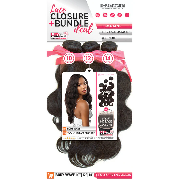 Sensationnel Bare & Natural 100% Virgin Human Hair 5x5 HD Lace Closure 3 Bundles Weave - BODY WAVE 10-22" - Image 5